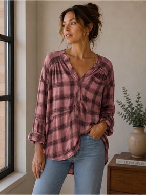 Free People “One Of The Boys” plaid tunic in Dusty Rose.